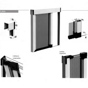 Plana - Zanzariera modulare a scorrimento laterale con guida inferiore bassa e senza bottoncini.